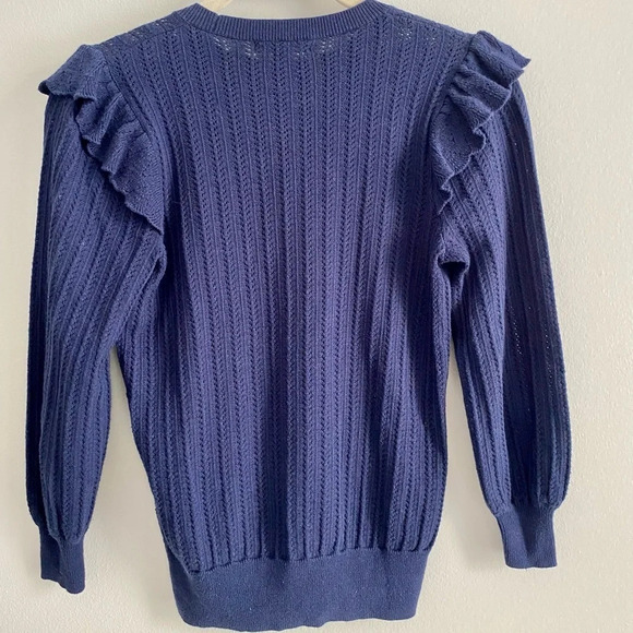 RW&Co Navy Knit 3/4 Sleeve Sweater with Ruffle Details XXS - Picture 3 of 8